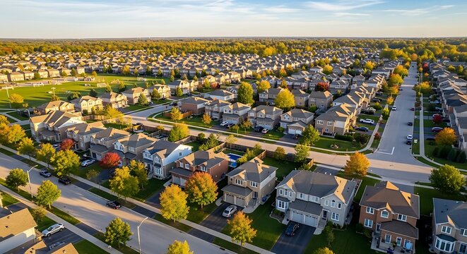 Aerial view of suburban residential homes and green spaces in a community