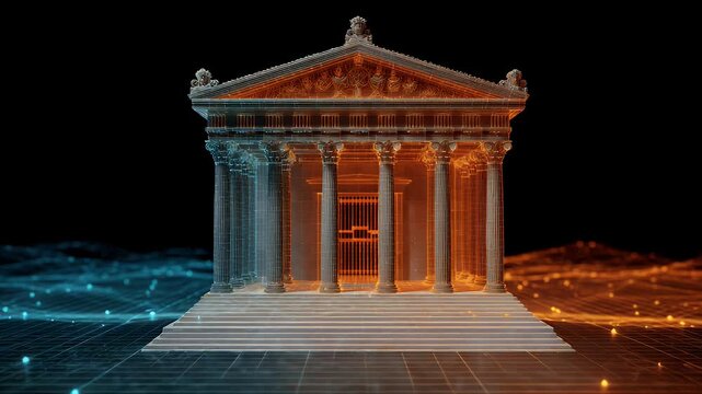 Digital wireframe hologram of classical greek temple architecture with glowing particle waves representing stock market exchange bank financial institution and secure investment data platform.