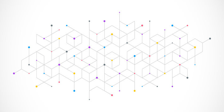 Abstract geometric 3D cube structure with connected lines and dots on white background. Concept of digital technology, blockchain, data visualization, architecture, innovation and modern design