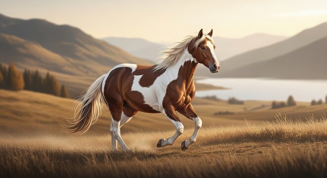 Brown and white pinto horse running freely in a scenic landscape