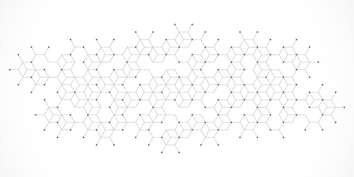 Abstract geometric 3D cube structure with connected lines and dots on white background. Concept of digital technology, blockchain, data visualization, architecture, innovation and modern design