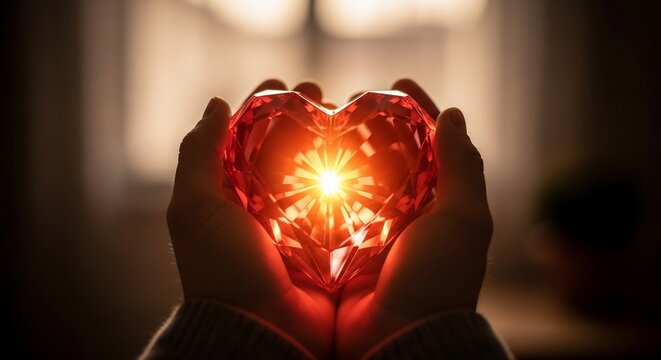 Glowing red crystal heart held in hands as a symbol of love and care