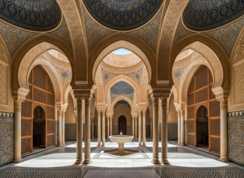 Moorish architecture with arched colonnades and central stone fountain