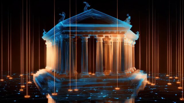 Digital representation of a classical bank building, glowing with an intricate grid pattern and surrounded by abstract data streams, symbolizing modern financial infrastructure and technology.