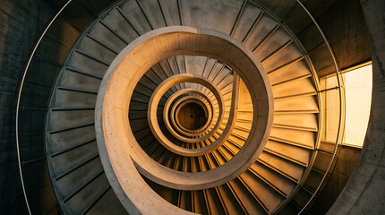 Fototapeta premium Concrete spiral staircase descends into darkness with warm light illuminating.