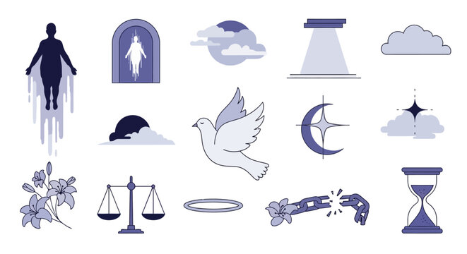 Spirit rises toward the heavens as celestial icons guide the eternal soul.