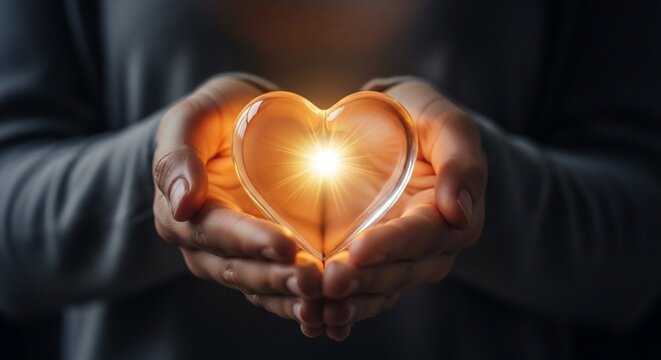 Person holding a glowing glass heart in hands representing love and care