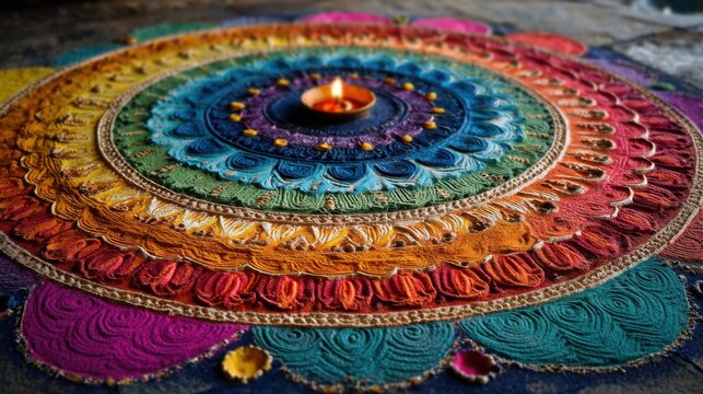 Decorated Rangoli with Diya at Center