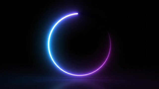 Futuristic 3D animation of a glowing neon circle with blue and purple gradient light rotating in a dark space with floor reflections.