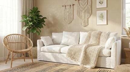 Cozy white sofa in a Scandinavian boho living room interior © AhmadFaris