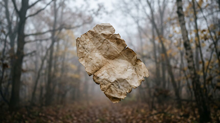 Fototapeta premium Old parchment paper floating in misty autumn forest path aged torn weathered.