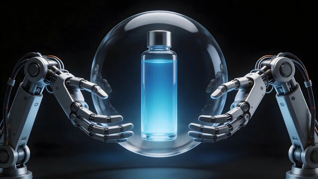 robot hands holding glowing bottle