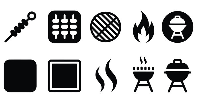 barbecue grill filled icon set featuring bbq tools, cooking equipment, kitchen utensils, outdoor grilling elements, food preparation symbols in bold and modern style.