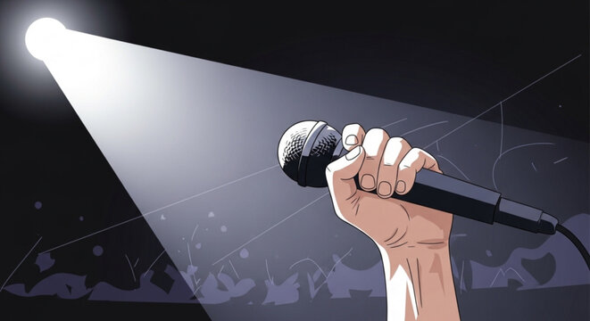 Person holding microphone under spotlight on stage with crowd in background performing live