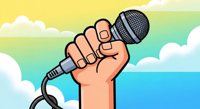 Hand holding microphone in front of colorful sky with clouds symbolizing public speaking communication and expression