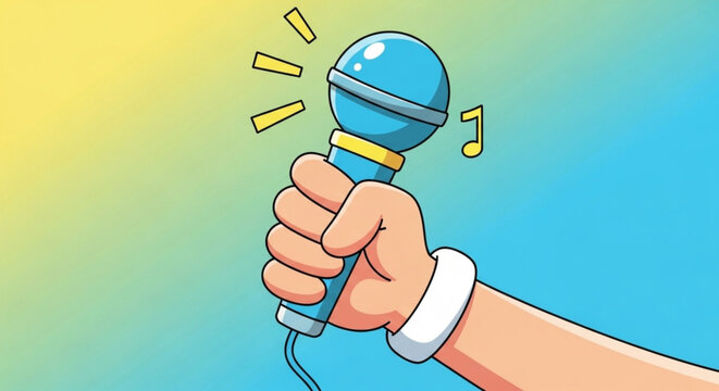 Person holding blue microphone with musical notes and sound effects on colorful background