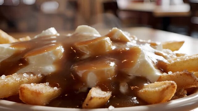 Delicious Poutine Being Drizzled with Gravy in CloseUp Shot.