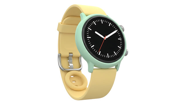 Modern round smartwatch featuring a mint green case and yellow rubber silicone strap isolated against a plain white background smartwatch wearable technology silicone accessory electronic