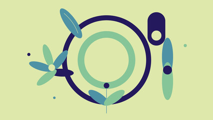 Fototapeta premium Circular abstract botanical composition with blue tropical leaves and geometric floral elements on green background