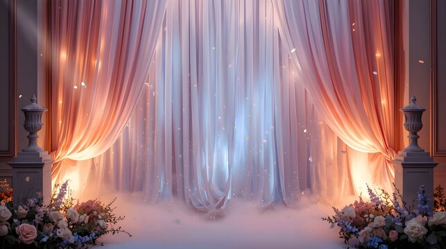 Enchanting European Wedding Ceremony Background with Draping Curtains and Floral Accents
