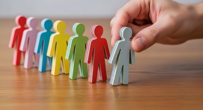 Hand Selecting a Leader Figure from a Row of Diverse Wooden People - HR Management