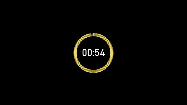 55 Seconds Yellow Circle Countdown Timer Animation on Transparent Background in 4K with Alpha Channel
