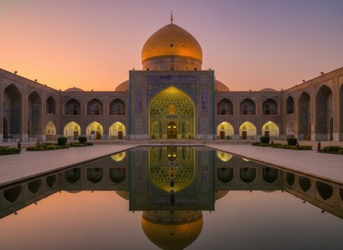 Shah cheragh mosque with golden dome and reflecting pool at sunset