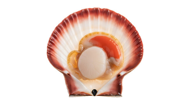 Fresh raw scallop in open shell with bright orange coral roe meat isolated on plain white background for culinary seafood and gourmet ingredient concepts saltwater delicacy background isolated