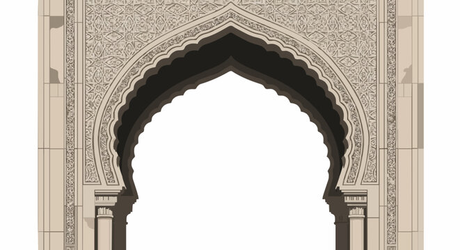 An ornate and intricately carved Islamic archway with detailed geometric patterns and Arabic calligraphy on a white background