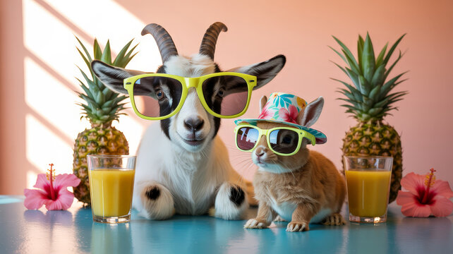 Cute Baby Goat and Rabbit Wearing Sunglasses With Pineapple and Juice Fun Summer Animal Concept
