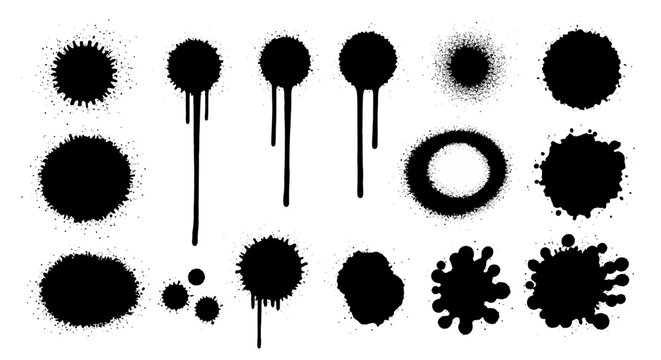 Collection of black spray paint splatters and drips, ideal for graphic design and artistic effects