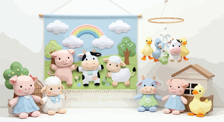 Fototapeta premium A group of adorable stuffed farm animals and toys arranged on a white surface with a colorful farm-themed backdrop.