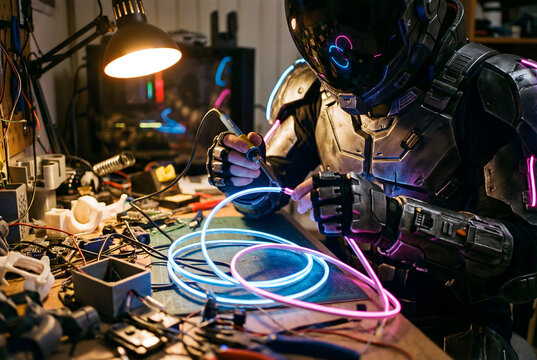 Cyberpunk scientist soldering glowing wires in futuristic workshop