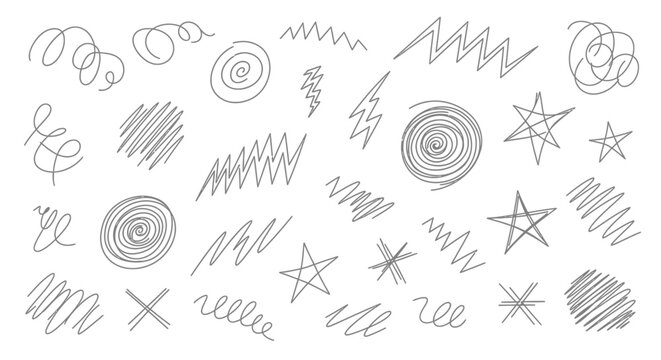 Collection of hand-drawn scribbles, swirls, and star shapes on a white background, isolated graphic elements
