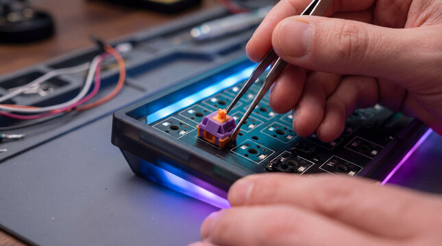Person building custom mechanical keyboard, installing switches with tweezers