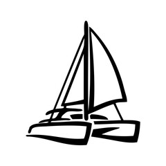 Logo nautical. Vacaciones de verano. Dibujo minimalista con líneas de un barco de vela tipo catamarán  © teracreonte