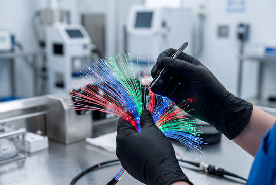 Technician connecting colorful fiber optic cables in laboratory