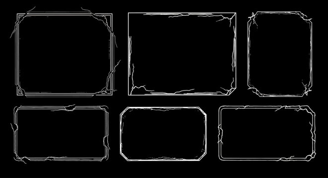 Set of six unique decorative rectangular borders with a scratched, weathered, and distressed aesthetic in a monochromatic style on a black background