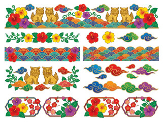 Obraz premium Okinawan Traditional Design Elements Set: Shisa Guardian Lions, Hibiscus Flowers, Sea Waves, and Plum Blossoms Frame Borders for Japanese Ryukyu Culture