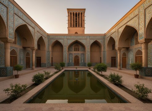 Traditional persian courtyard with windcatcher and reflecting pool