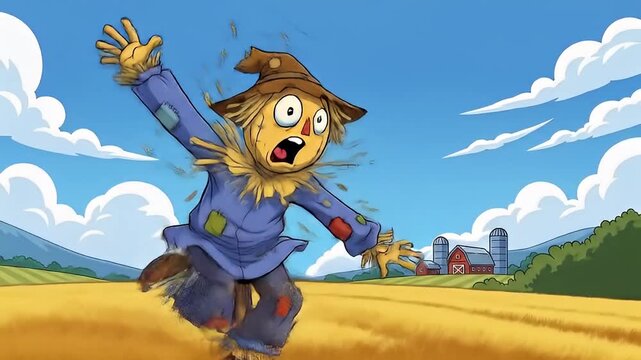Animated image featuring a scarecrow fleeing from a field with a farm in the background