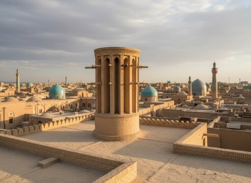 Traditional persian windcatcher on a rooftop in yazd, iran