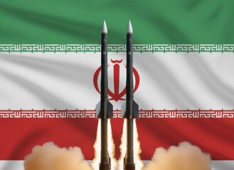 Obraz premium Two iranian missiles launching in front of the national flag of iran