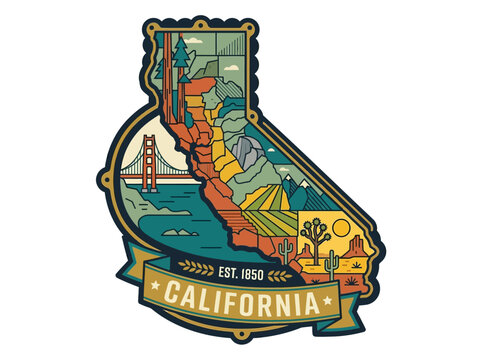 California State Map Retro Vintage Travel Badge Graphic Featuring Golden Gate Bridge, Redwoods, and Deserts