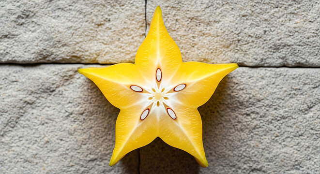 Fresh sliced star fruit cross section against stone wall background with starfruit carambola tropical background culinary