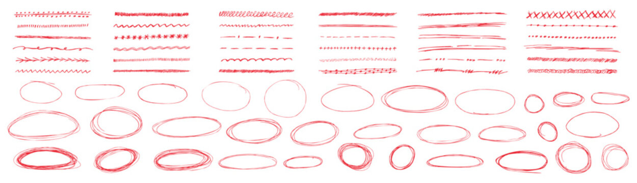 Red pen strokes round circle underline shapes plus hand drawn doodle arrow elements. Rough doodles encircle notes with strike accents. Vector kit bundle for text highlight.