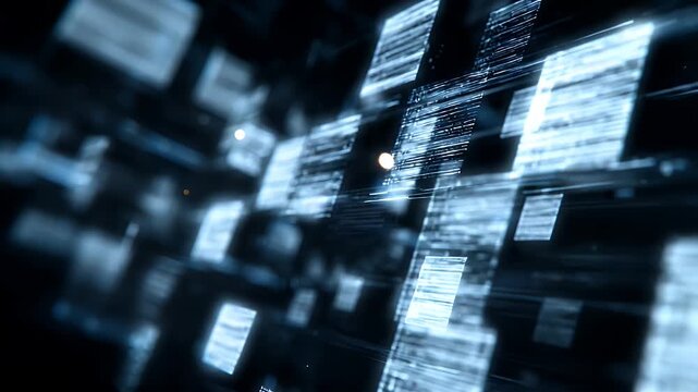 Abstract digital information flow featuring glowing blue data blocks streaming through virtual cyberspace with bokeh lights and high speed motion design for futuristic technology background.