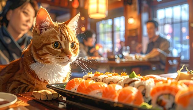 Curious cat at sushi restaurant table.