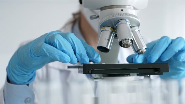 Laboratory scientist wearing blue protective gloves carefully positioning microscope slide, demonstrating research precision. Medicine, healthcare and science concept