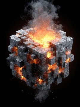 Fiery cube of fractured stone bursts with internal flames